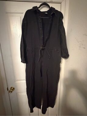 Black Button-Front Utility Jumpsuit - Medium